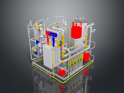 Industrial Equipment System Detailed 3D Model With Pipes Valves Red Containers White Cabinets Yellow Components 3d model