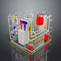 Industrial Equipment System Detailed 3D Model With Pipes Valves Red Containers White Cabinets Yellow Components