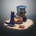 Two Raccoons Gathering Around Blue Trash Can Picnic Mat With Food And Red Sign