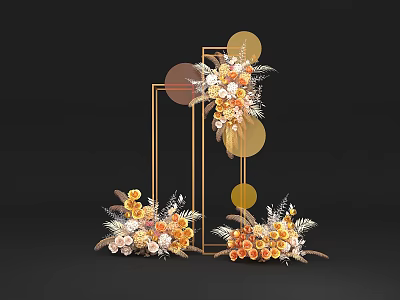 Elegant Floral Display With Golden Geometric Frames Circular Decor And Orange White Flowers Foliage 3d model