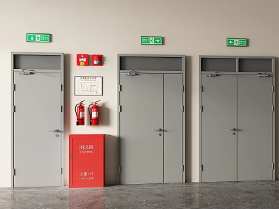 Gray Double Doors With Red Fire Safety Equipment And Green Emergency Exit Signs 3d model