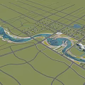 Aerial View Planning of Large Modern Circular Architectural Complex with Green Spaces River and Roads