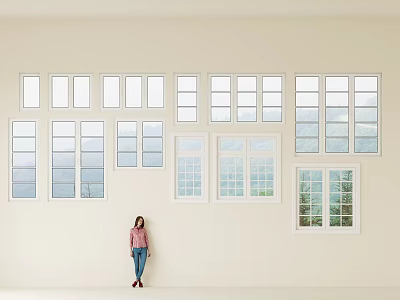 Neatly Arranged Casement Windows With White Frames Mounted On Wall For Scenic Views 3d model