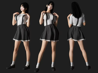 Woman In White Top And Black Suspender Skirt With Lace Trim From Multiple Angles 3d model