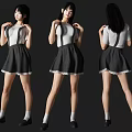 Woman In White Top And Black Suspender Skirt With Lace Trim From Multiple Angles