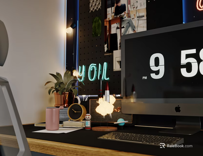 Modern Desk Lamp on Office Desk with Computer Potted Plant and Neon Decor 3d model 