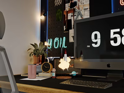 Modern Desk Lamp on Office Desk with Computer Potted Plant and Neon Decor 3d model