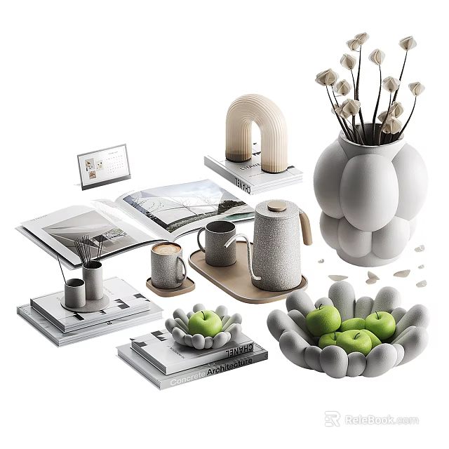 Minimalist Decorative Ornament Set With Vase Mugs Books Apple Trays And Wooden Arch 3d model 