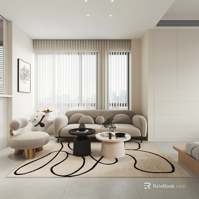 Modern Apartment Living Room With Beige Sofa Accent Chair Coffee Tables And Area Rug 3d model 