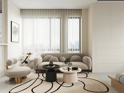 Modern Apartment Living Room With Beige Sofa Accent Chair Coffee Tables And Area Rug 3d model