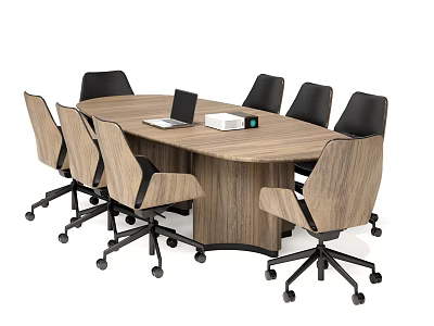Modern Wooden Office Conference Table With Wheeled Chairs Laptop And White Box 3d model