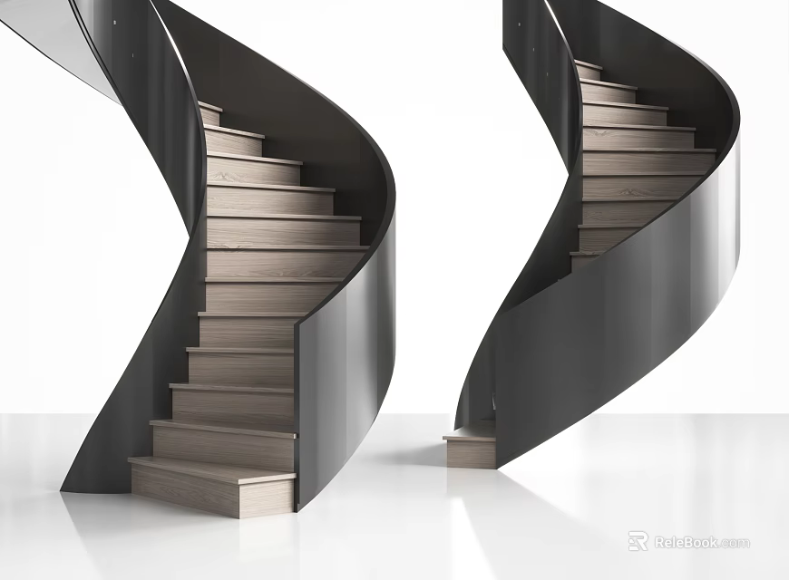 Modern Spiral Staircase With Metal Frame And Wooden Steps On Bright White Floor 3d model 