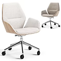 Modern Office Chair With Light Gray Fabric Wooden Armrests And Metal Base