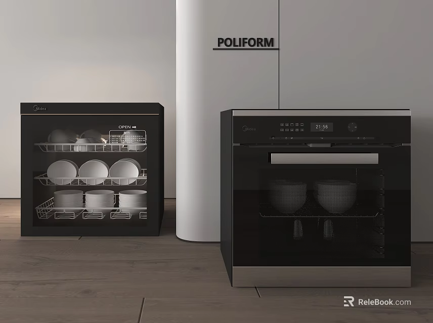 Modern Kitchen Appliances Including Black Sterilizer And Dishwasher With Transparent Door Holding Plates And Bowls 3d model 