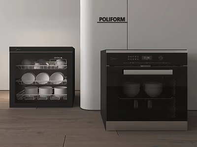 Modern Kitchen Appliances Including Black Sterilizer And Dishwasher With Transparent Door Holding Plates And Bowls 3d model
