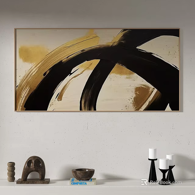 Modern Abstract Painting With Black Gold Brush Strokes On Beige Background 3d model 