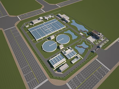 Aerial View Of Industrial Plant With Large Buildings Circular Water Tanks Roads Parking Lot And Ponds 3d model