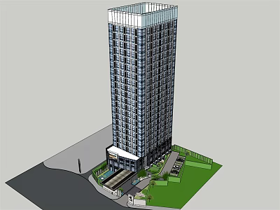 Modern High Rise Office Building With Glass Facade Green Landscaping And Parking Area 3d model