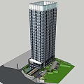 Modern High Rise Office Building With Glass Facade Green Landscaping And Parking Area