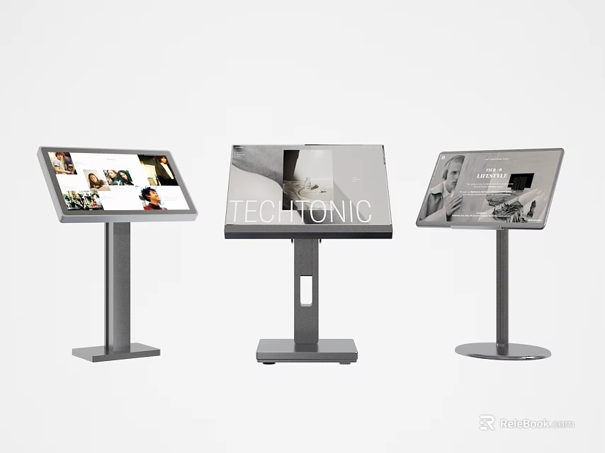 Three Modern Touchscreen Display Stands with Technic Branding and Content Screens 3d model