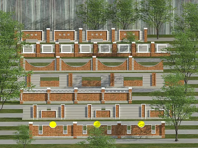 Red Brick Building Exterior Wall Featuring Layered Design And Surrounding Trees 3d model