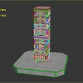 Cartoon Multi Story Building on Snowy Textured Platform with Balconies and Gray Exterior