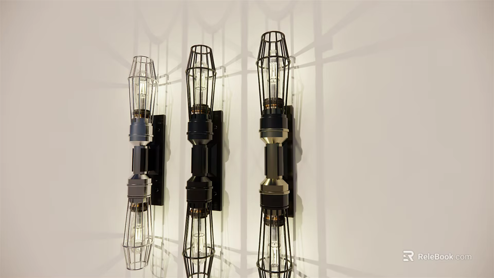 Three Modern Wall Lamps With Cage Design And Shadow Effect On White Wall 3d model 