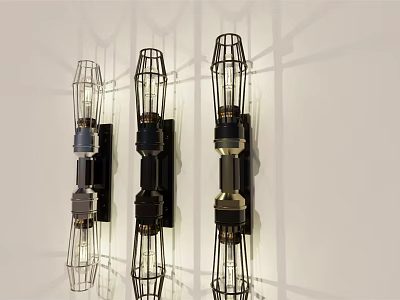 Three Modern Wall Lamps With Cage Design And Shadow Effect On White Wall 3d model