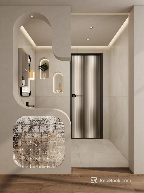 Modern Bathroom Interior Design With Striped Glass Door Niches Mirror And Soft Lighting 3d model 