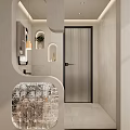 Modern Bathroom Interior Design With Striped Glass Door Niches Mirror And Soft Lighting