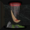 Curved Wood Sculpture With Hanging Red Beads Over Green Plants Stones And Dark Textured Wall