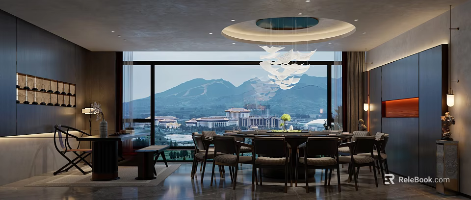 Private Dining Box With Large Windows Mountain View Dining Table Chairs And Modern Chandelier 3d model