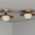 Modern Ceiling Lights With Wooden Plates And Brass Bases Textured Glass Shades