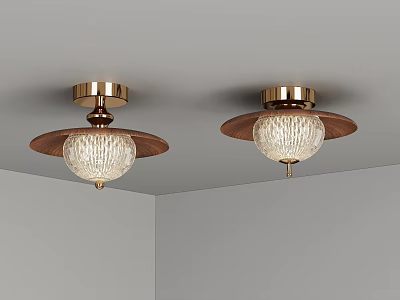 Modern Ceiling Lights With Wooden Plates And Brass Bases Textured Glass Shades 3d model