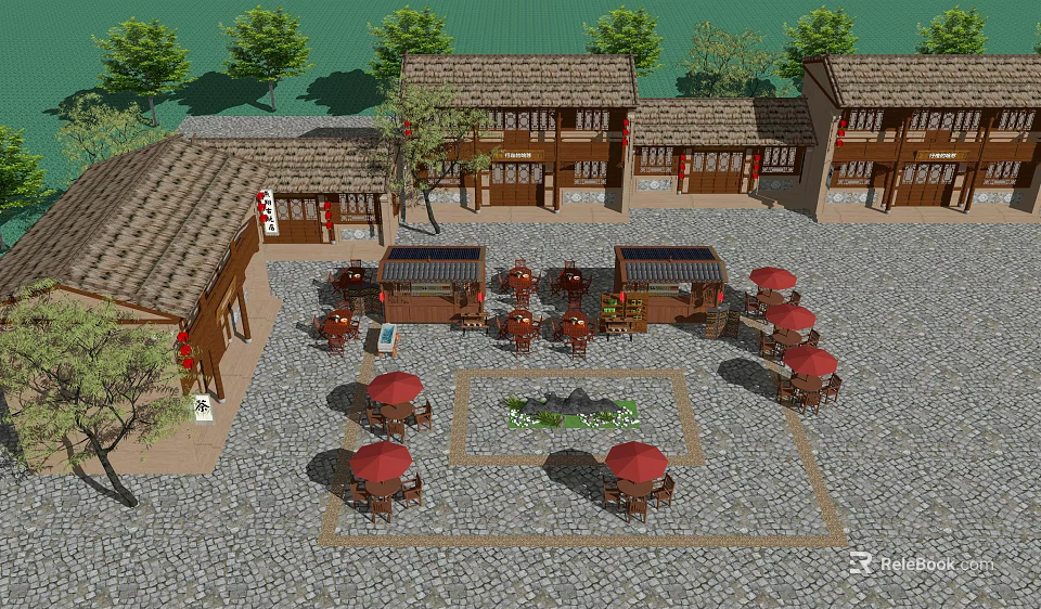Traditional Chinese Commercial Street With Wooden Architecture Red Umbrellas Green Trees And Plaza Seating 3d model 