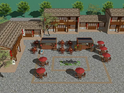 Traditional Chinese Commercial Street With Wooden Architecture Red Umbrellas Green Trees And Plaza Seating 3d model
