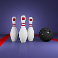 Bowling Alley With Three White Pins Red Stripes Black Ball Purple Background Red Blue Lines