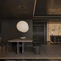Modern Dining Living Room Interior With Dark Flooring Wooden Cabinets And Grid Partition