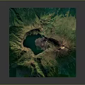 Realistic 3D Terrain Featuring Crater Lake Green Mountains and Volcanic Cone