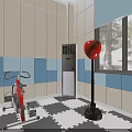 Activity Space With Red Punching Bags Blue Dummies Checkerboard Floor Beige Blue Walls And Glass Equipment