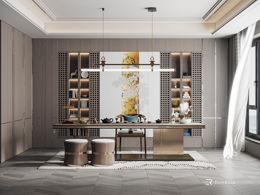 Elegant Chinese Tea Room Interior With Wooden Table Tea Sets Pendant Lights And Decorative Painting 3d model 