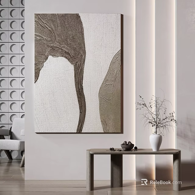 Modern Interior With Large Abstract Painting Circular Pattern Wall Wooden Table And White Vase 3d model