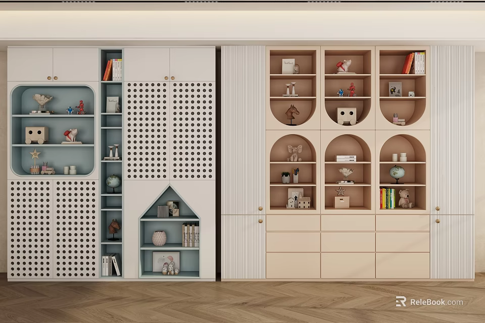 Modern Bookcase Interior With Open And Closed Storage Shelves And Decorative Items 3d model 