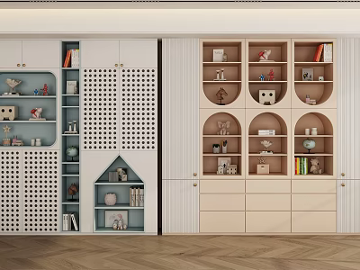Modern Bookcase Interior With Open And Closed Storage Shelves And Decorative Items 3d model