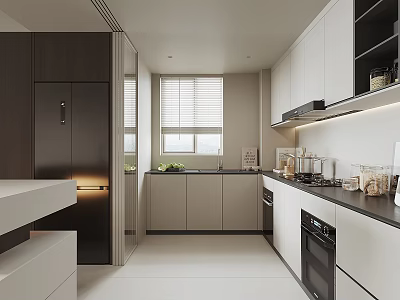 Modern Kitchen Interior Design With White Cabinets Dark Refrigerator Island Counter Appliances And Window Blinds 3d model