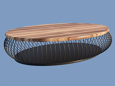 Oval Coffee Table With Wooden Striped Tabletop And Black Metal Mesh Base 3d model