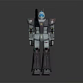 Detailed Mech Robot Model With Blue Head Arm Weapon Gray Purple Standing Pose