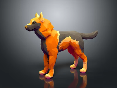 Low Poly Orange Black Dog Sculpture With 3D Art Design And Reflective Base 3d model