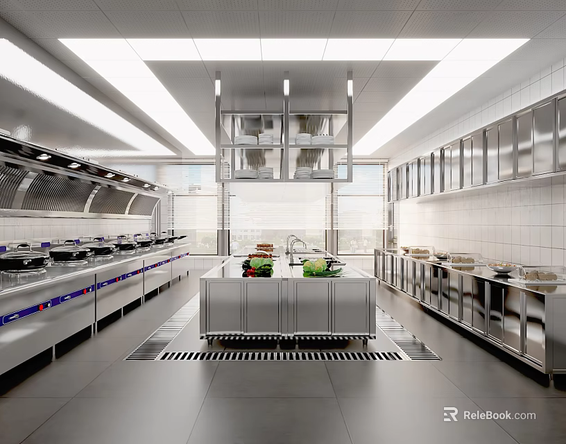 Commercial Kitchen Interior Featuring Stainless Steel Cabinets Large Range Hoods Central Worktable And Fresh Ingredients 3d model 