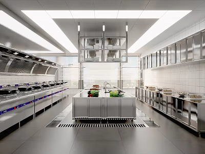 Commercial Kitchen Interior Featuring Stainless Steel Cabinets Large Range Hoods Central Worktable And Fresh Ingredients 3d model